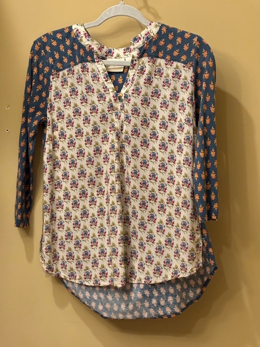 Maeve by Anthropologie Mixed Print Boho Tunic Top Size Small Floral 3/4 Sleeve - Picture 2 of 5